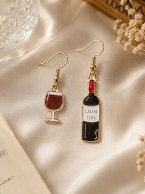 Asymmetrical Wine Bottle & Wine Glass Dangle Earrings – Brand New